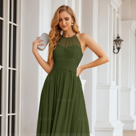 *UNOPENED* STACEES Long A-line Halter Chiffon *Olive* Bridesmaid Dress W/ Pleats - Picture 1 of 4